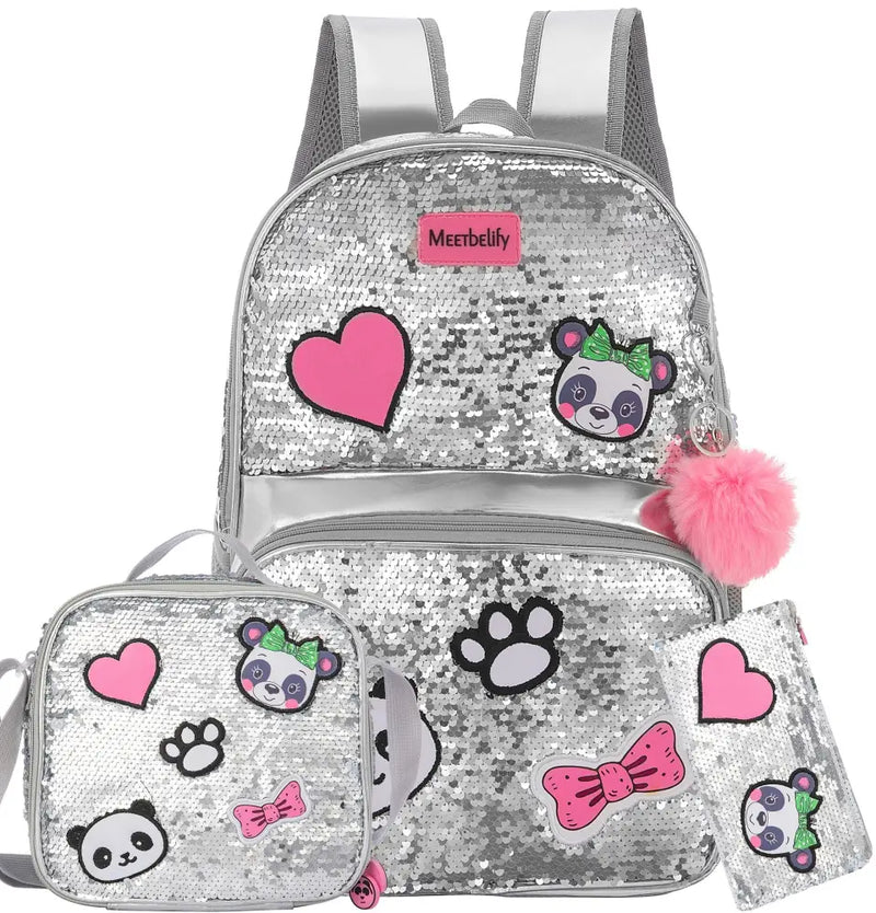 Kit Escolar com 3 Peças para Meninas - Mochila, Lancheira e Estojo - Design com Lantejoulas