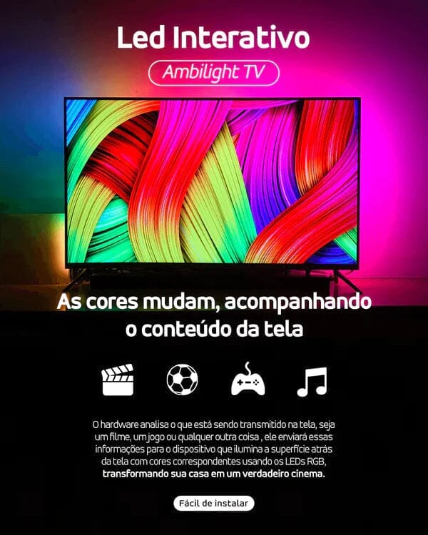 Transforme sua experiência de entretenimento com a Luz LED AMBILED da Azen Store! Esta luz inteligente é perfeita para TV, gamer ou cama, proporcionando uma imersão visual única. Experimente cores vibrantes e atmosfera envolvente como nunca antes. Garanta a sua agora e eleve seu espaço de entretenimento para outro nível. Estoque limitado, não perca tempo!